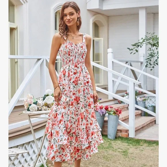 Grace Karin red floral boho maxi flowy sundress size M dress - Picture 6 of 14